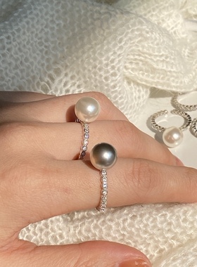 ins博主同款施家珍珠S925纯银皓石开口戒轻奢复古指环戒指