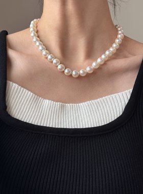 秋冬新款毛衣链人造akoya强光粉光幻彩珍珠项链S925纯银百搭设计