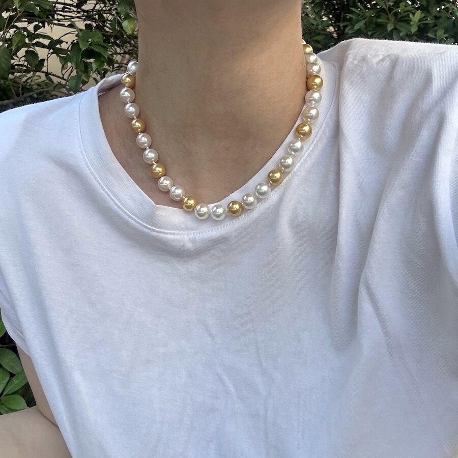 强光正圆气质人造仿南洋金珠澳白三色混彩糖果色珍珠项链倪妮同款