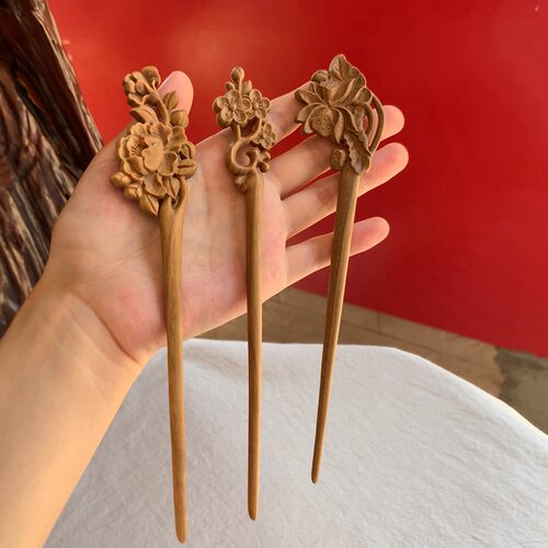古风结婚配饰手工雕刻木头发簪