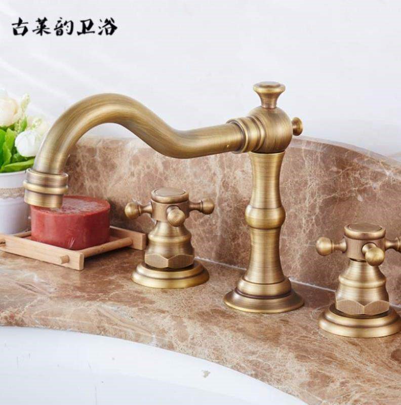 休闲馆别墅拉丝冷热水酒店仿古水龙头欧式家用分体增压售楼部双把