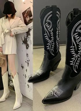 Kendou same white cowboy boots retro net red thin pointed hi