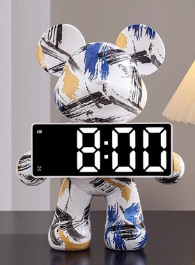 创意暴力熊时钟摆件客厅桌面轻奢高档装J饰数字钟表摆台式电子闹