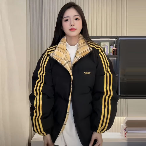 美式短款三条杠情侣男女羽绒棉袄