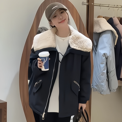 韩版高级感短款羊羔毛羽绒棉袄女