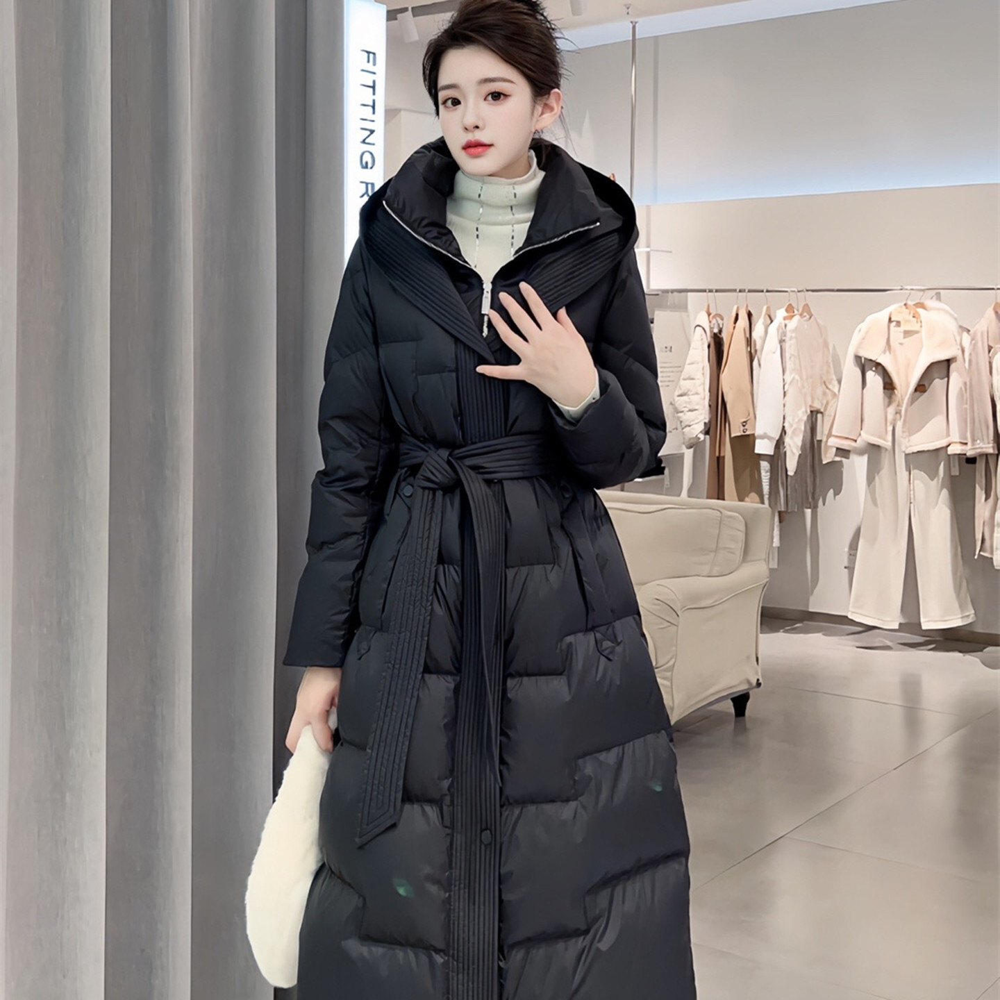 90白鸭绒长款过膝连帽羽绒服女潮