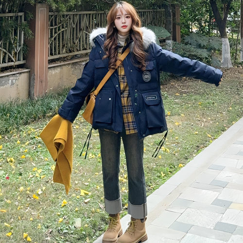 美式潮牌大毛领连帽羽绒棉袄女冬