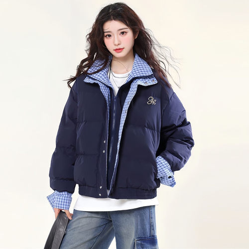 韩系甜美撞色格纹假两件羽绒棉袄