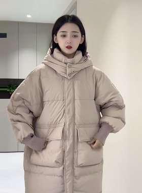 90白鸭绒大口袋螺纹袖连帽羽绒服女长款2025年冬季新款保暖外套潮