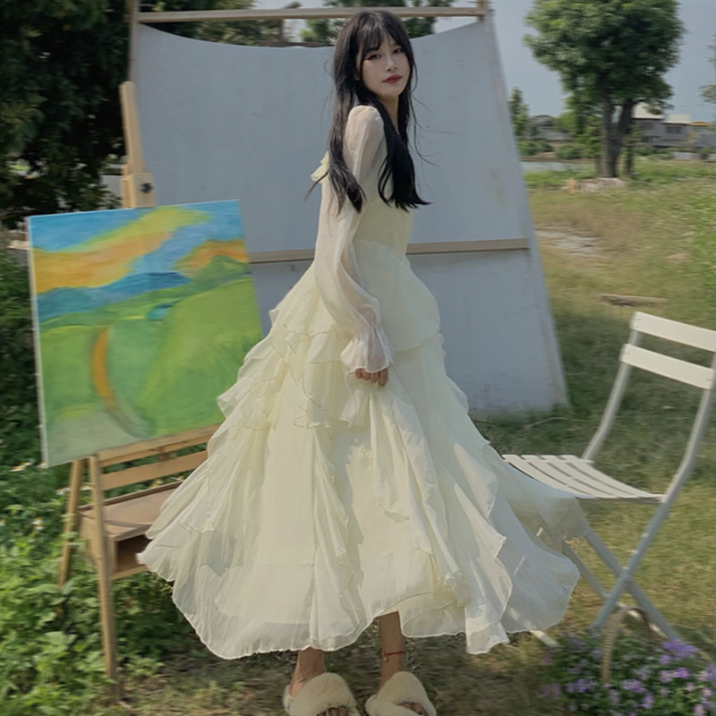 早春夏季2023新款长袖荷叶边连衣裙女小众设计感仙气网纱仙女长裙