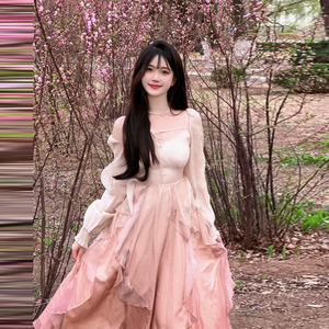 仙女风人鱼姬渐变荷叶边连衣裙女夏2026新款超仙气质吊带长裙套装