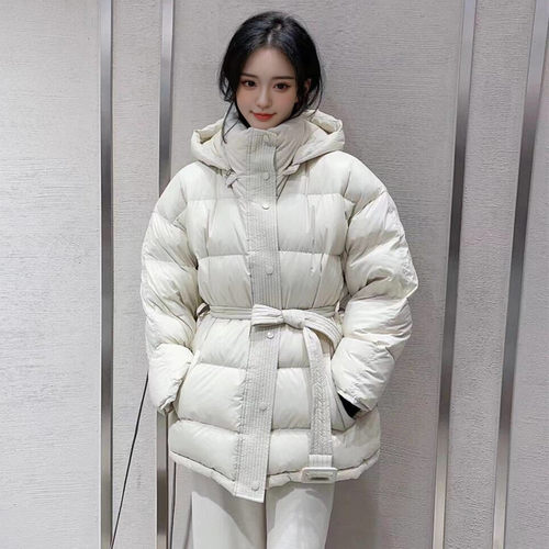 韩国高级感系带收腰连帽羽绒棉袄