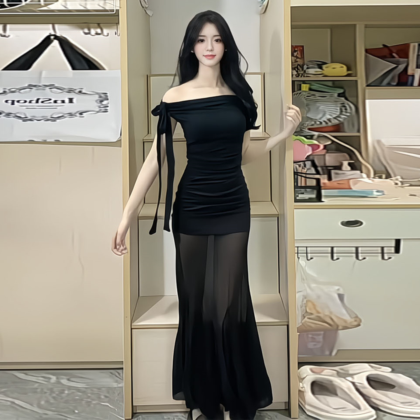 纯欲甜辣风斜肩网纱仙女连衣裙