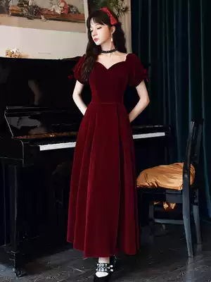 Wine red toast 2021 New temperament bride Thank you banquet velvet long version dress women's dress spring and autumn