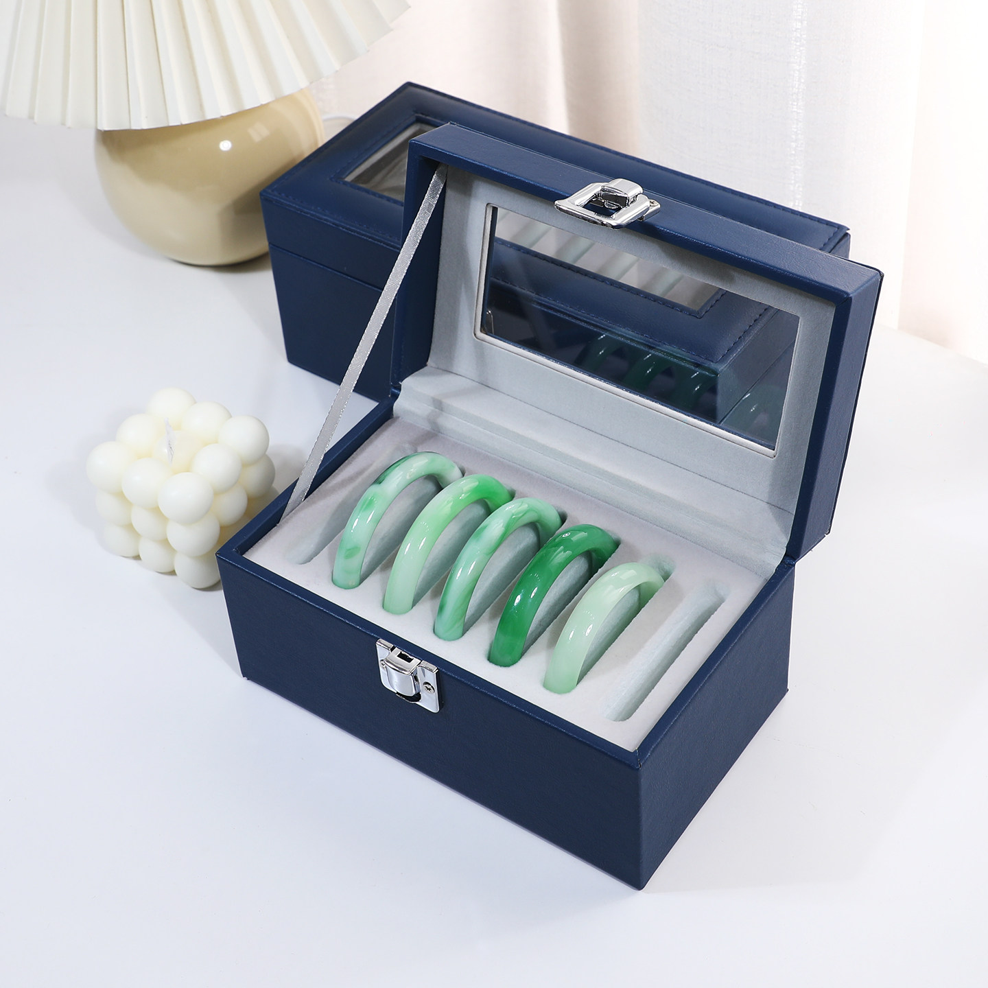 简约皮质手镯收纳盒多槽防尘大容量饰品展示盒玉镯银手镯收藏盒