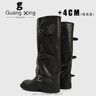 管靴女 皮带扣骑士靴褶皱裤 光杏原创复古粗跟长筒靴女2025新款 秋季