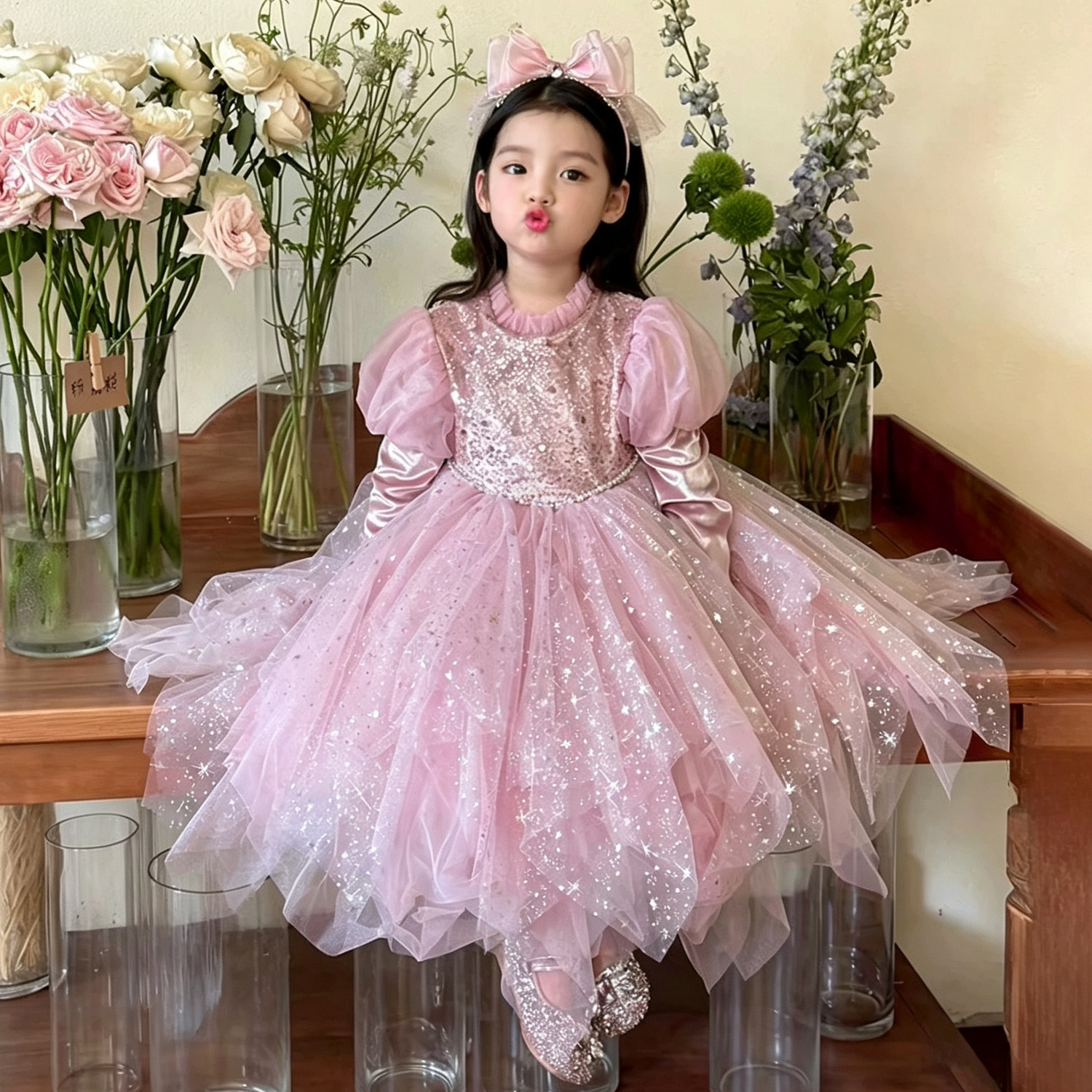 满天星女童粉色公主裙秋冬季重工儿童生日礼服蓬蓬纱亮片连衣裙子