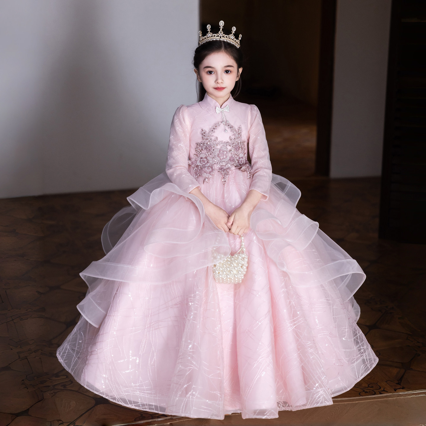 高定款粉色女童礼服秋冬小主持人钢琴演奏婚礼花童高端儿童公主裙