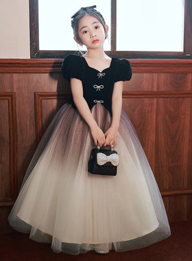 高端轻奢小众晚礼服女童主持人钢琴演奏花童婚礼赫本风黑色公主裙