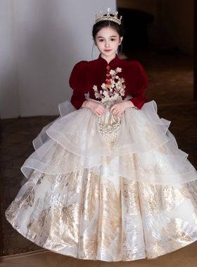 高定版红色喜庆中式主持人礼服女童元旦钢琴演奏儿童公主裙演出服