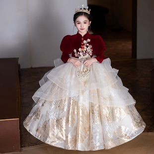 高定版红色喜庆中式主持人礼服女童元旦钢琴演奏儿童公主裙演出服