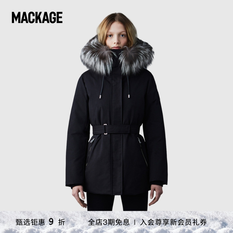 MACKAGE女士毛领中长收腰羽绒服