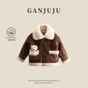 男童2025新款 儿童秋冬洋气时髦休闲加绒加厚皮衣夹克上衣小熊外套
