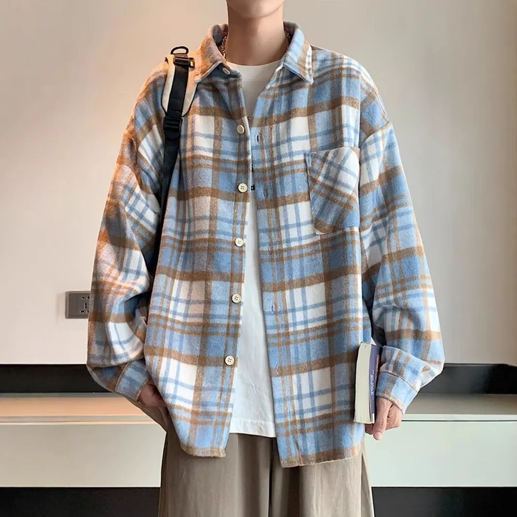 春秋季格子衬衫男生外套宽松青少年韩版潮流痞帅长袖衬衣上衣