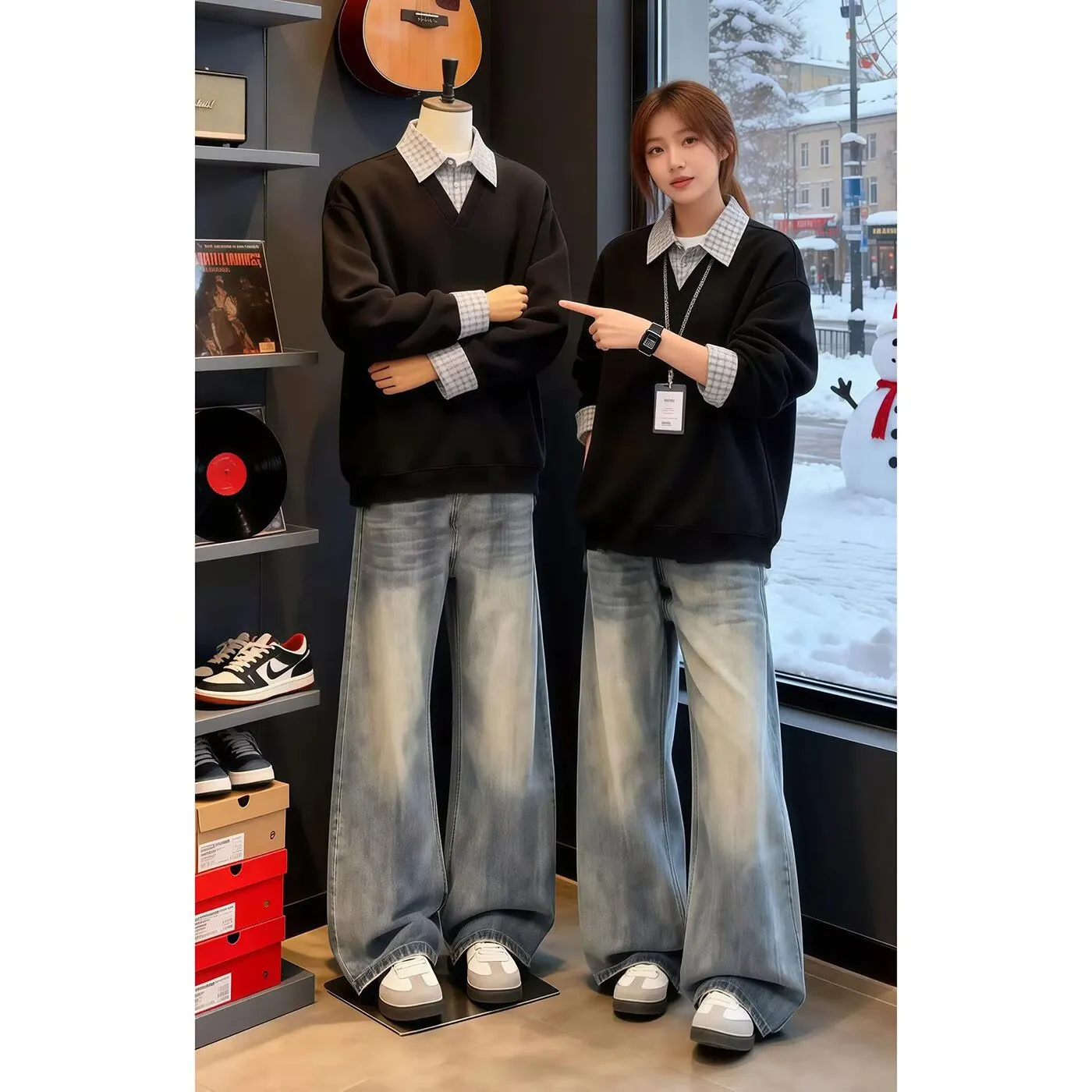 假两件衬衫领卫衣男款春季新款叠穿长袖内搭美式翻领打底polo衫潮