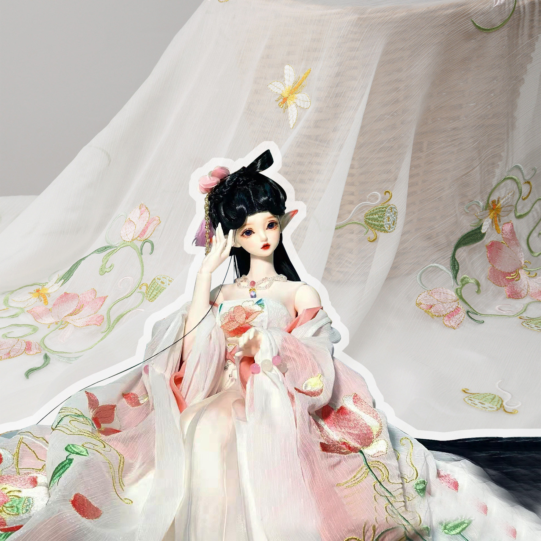 玉猫小阁小荷蜻蜓莲花团花纹样重工刺绣满绣绣花雪纺汉服布