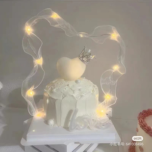 饰包装 情人节生日蛋糕装 LOVE灯小熊表白爱心围边丝带飘带烘焙摆件