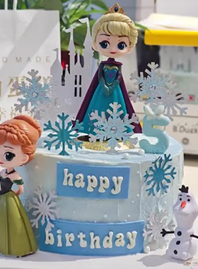 卡通女孩冰雪奇缘安娜公主绿色裙系城堡雪花爱莎公主蛋糕装饰摆件