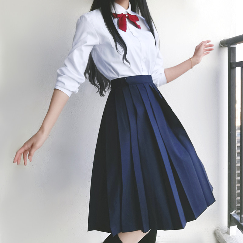 学院风纯色学生JK制服正统黑长裙口袋背带高腰灰色藏青显瘦百褶裙
