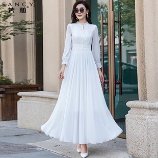 新款 白色雪纺长裙女2024春季 拍照超仙长袖 款 到脚踝超长连衣裙 经典