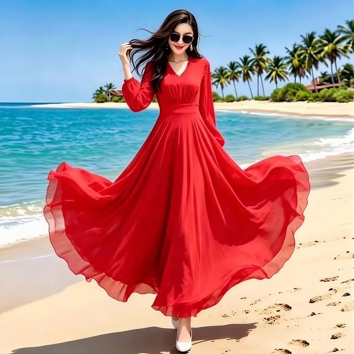 红色长袖连衣裙女2026夏季新款显瘦遮肉飘逸大摆旅游拍照气质长裙