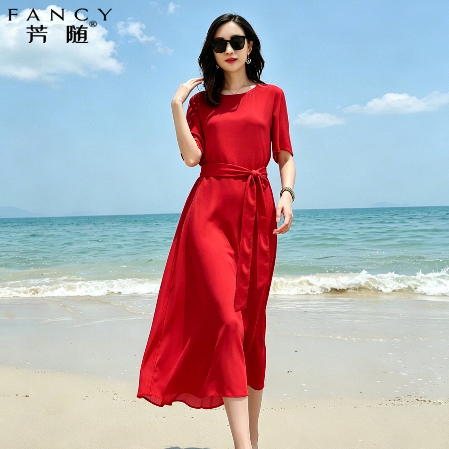 优雅红色夏季短袖宽松度假连衣裙