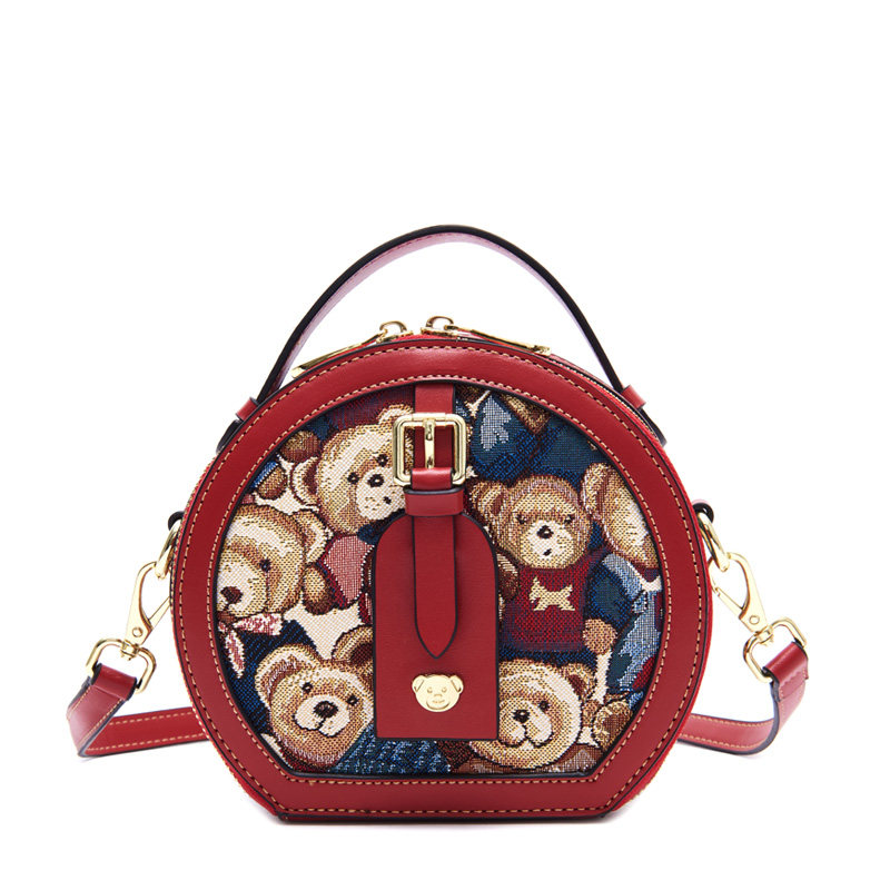 小熊依恋新款包包潮时尚百搭单肩斜挎女包小圆包熊图案手提圆饼包