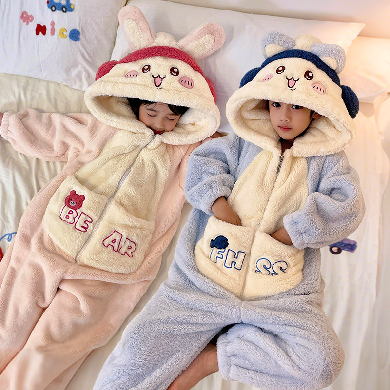 男童睡衣珊瑚绒保暖加厚冬季女童连体衣儿童可爱卡通家居服睡袋冬