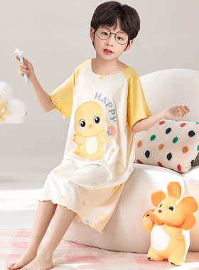 莫代尔儿童奶龙睡衣夏季冰丝短袖薄款男童睡裙中大童割皮包术后服