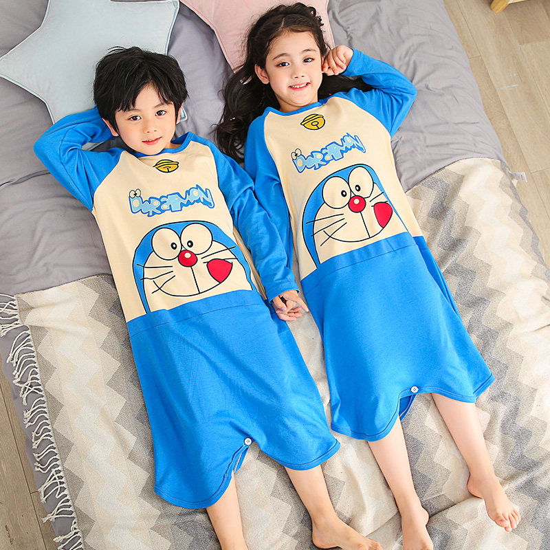 儿童春季连体睡衣男童薄款纯棉小女孩宝宝男小学生连身防踢家居服