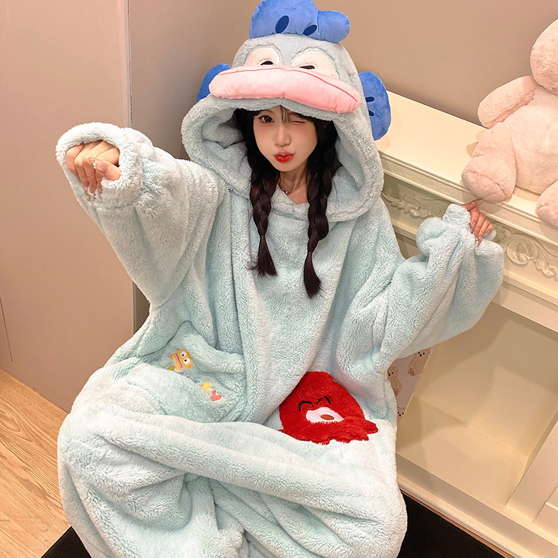 卡通小丑鱼连体睡衣女秋冬季大嘴鱼搞怪加绒加厚沙雕可外穿家居服