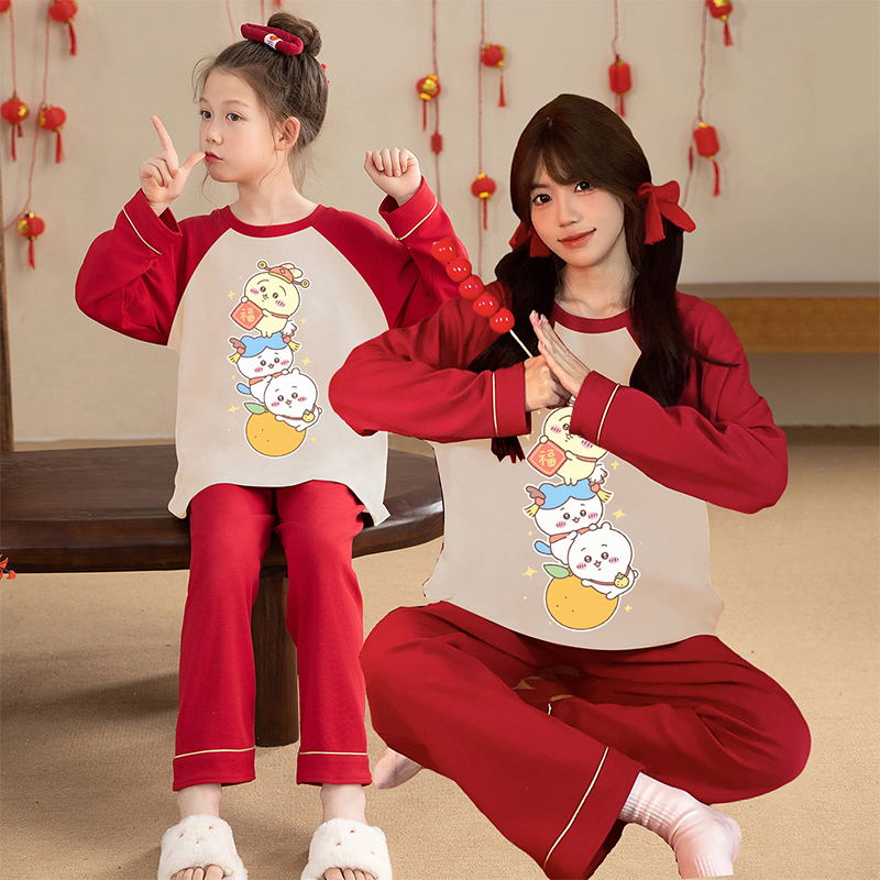 纯棉儿童睡衣秋衣母女家居服套装