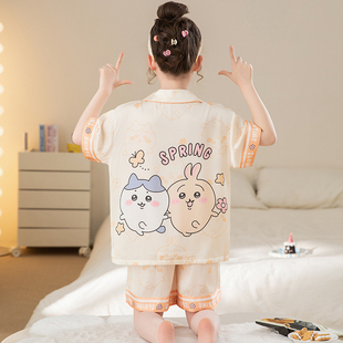 儿童睡衣夏季 冰丝空调服初中生吉伊卡哇乌萨奇家居服 女童短袖 薄款