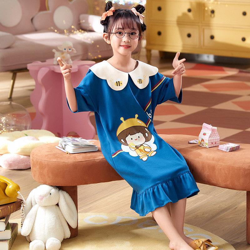 女童睡衣少女睡裙夏季薄款纯棉短袖公主可爱女孩可外穿甜美家居服