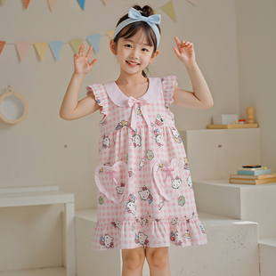 凯蒂猫女童睡裙夏季短袖棉绸薄款儿童睡衣女孩大童家居服公主裙子