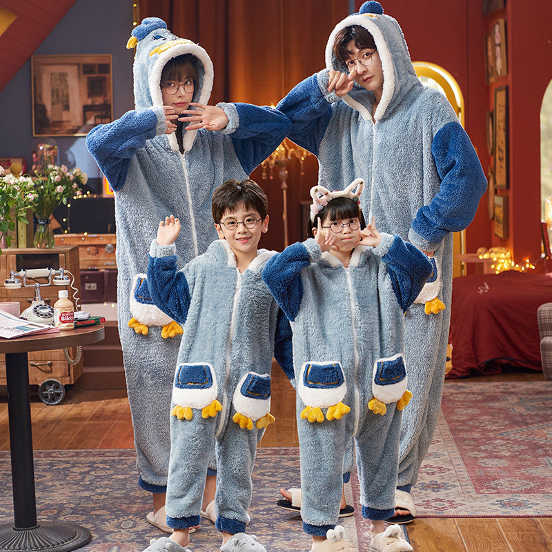 儿童连身睡衣冬天加厚加绒连体衣中大童亲子装一家三口四口家居服
