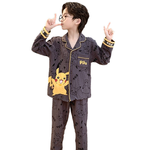 2026新款皮卡丘男童纯棉睡衣儿童春秋季长袖小男孩开衫家居服套装
