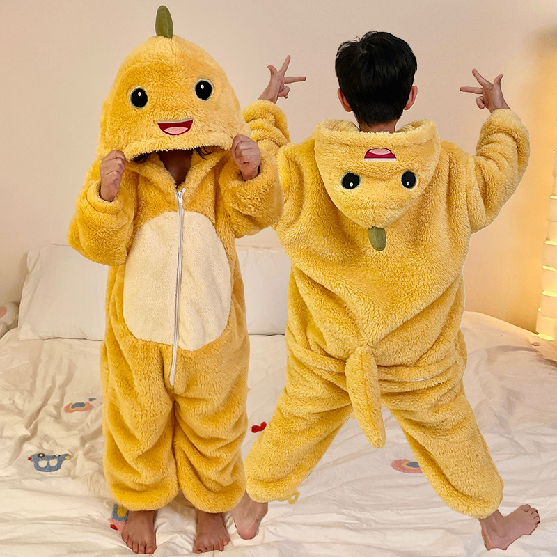 珊瑚绒男童连体睡袋奶龙女童冬装2025冬季加绒加厚儿童睡衣家居服