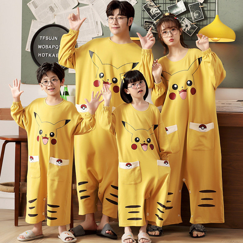 皮卡丘亲子睡衣母女纯棉连体衣儿童可外出衣爸妈孩子长袖全家居服