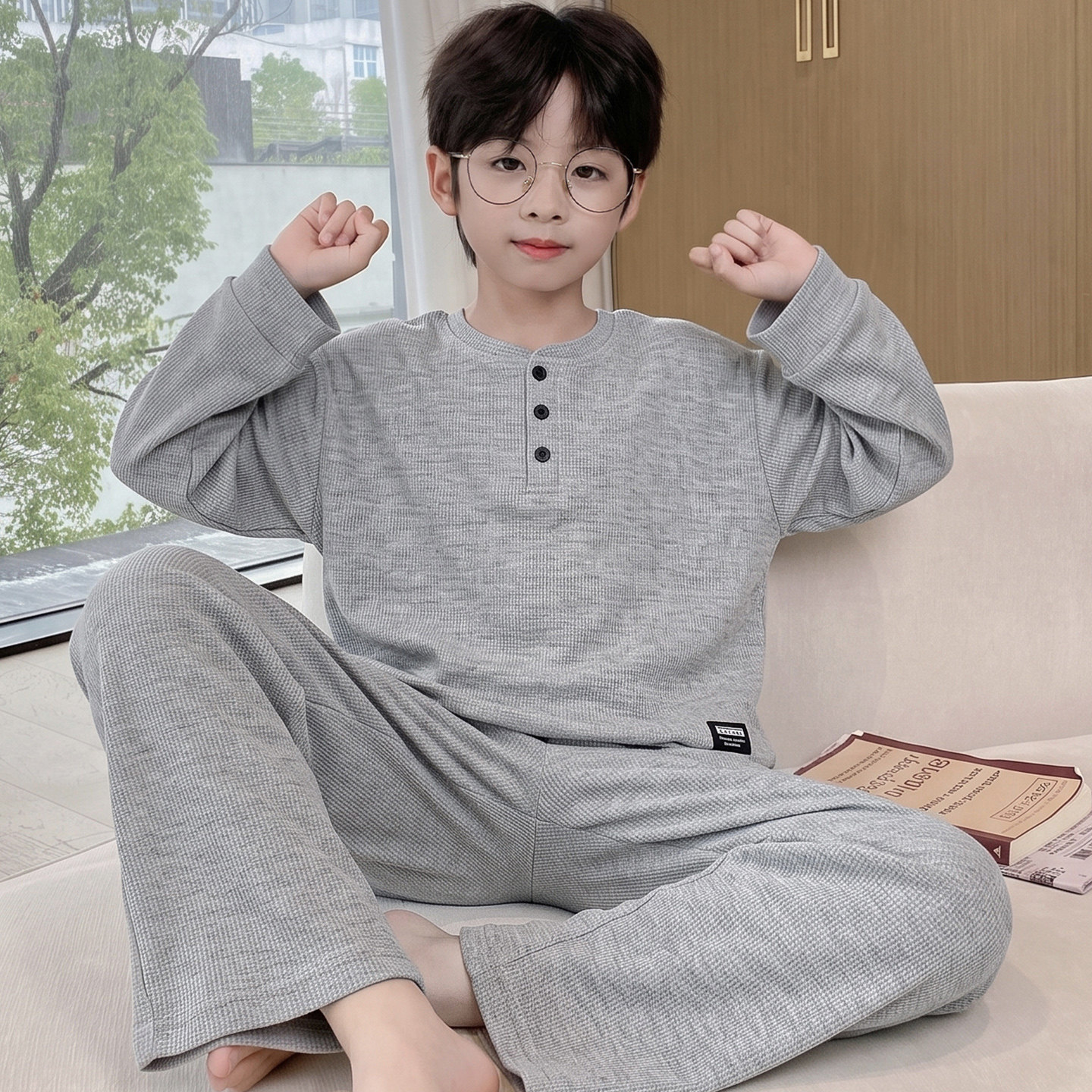 2026新款儿童睡衣秋季男童纯棉长袖华夫格青少年中大童家居服套装